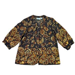 Joanna Shirt Women's Large Blouse Office Work Paisley Button Front Top Black